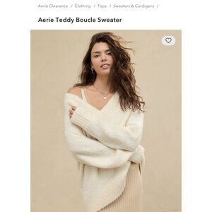 Aerie Teddy V Neck Boucle Sweater With Ribbed Trim In Natural Size XL